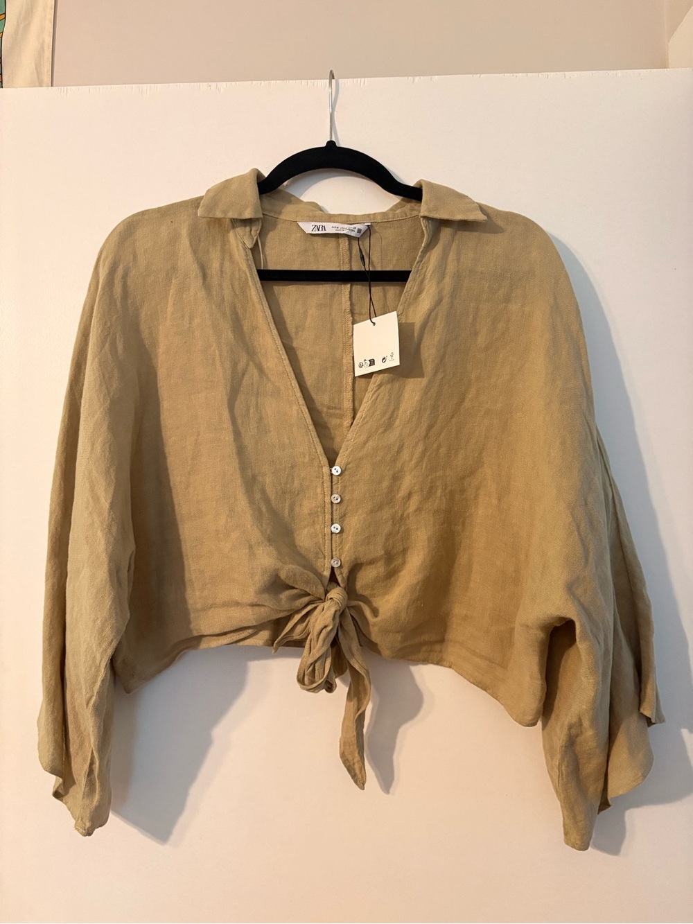 Zara Beige Tie-Front Collared Linen Blouse